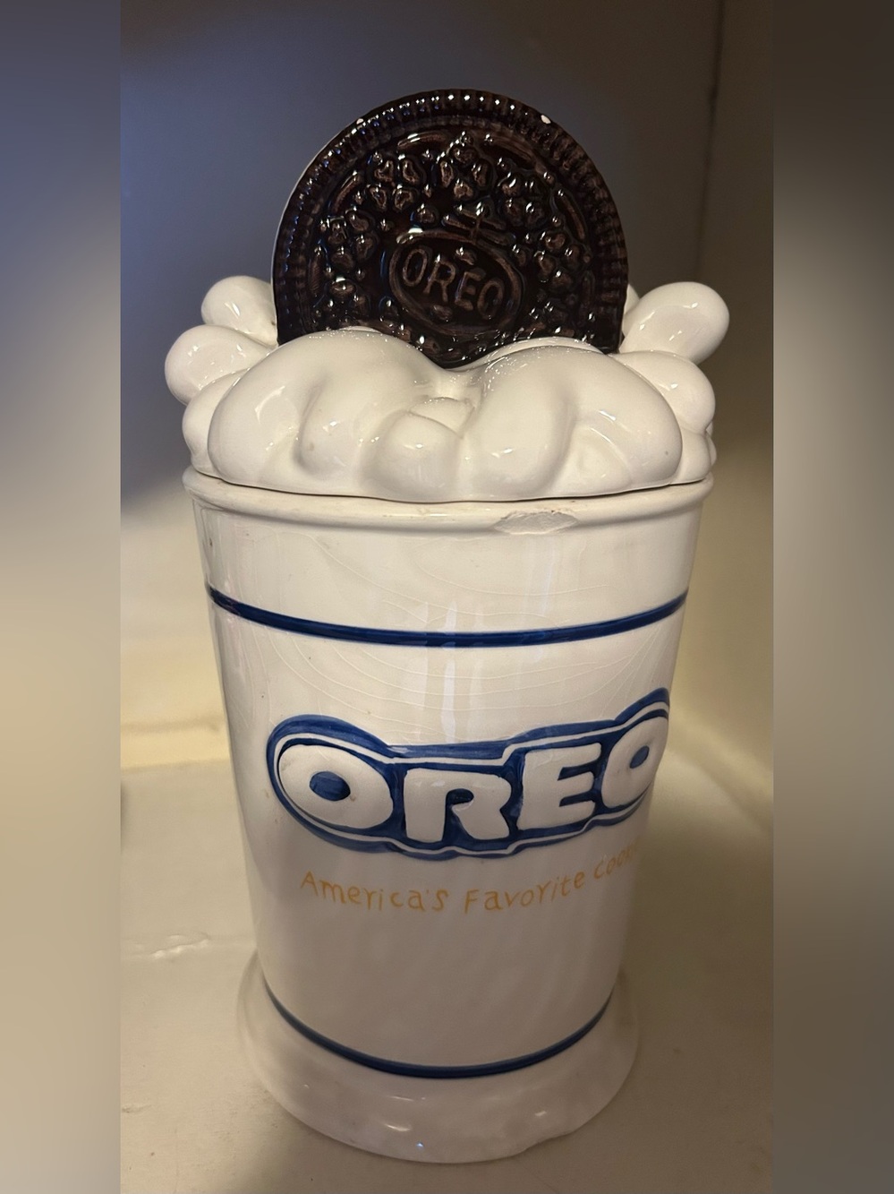 Vintage Oreo Cookie Jar White and Blue Ceramic with Decorative Lid